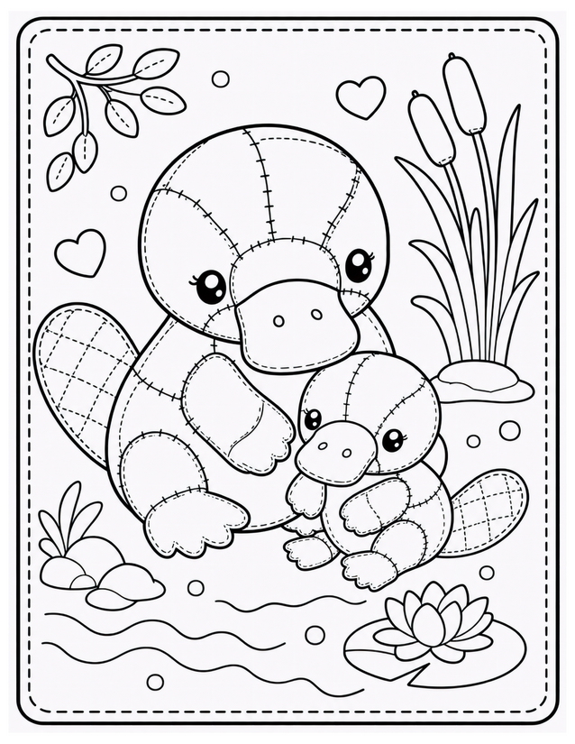 Mother and Baby Platypus Coloring Page, Lily Pad and Cattails