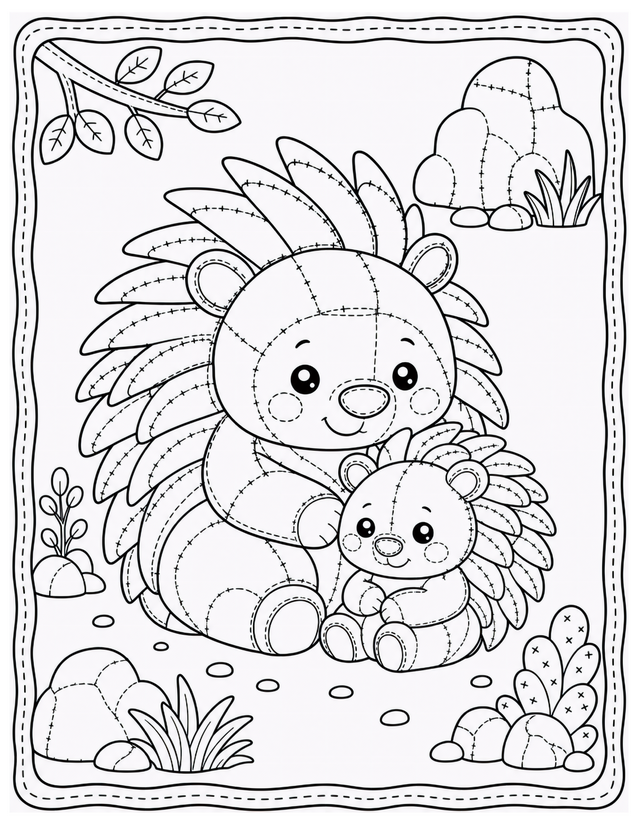 Mother and Baby Porcupine Coloring Page, Kawaii Patchwork Style