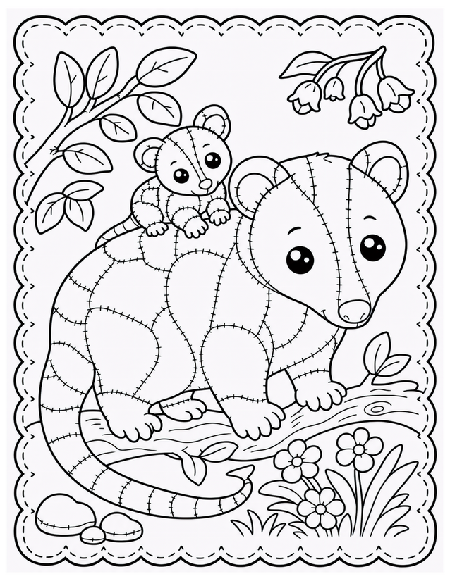 Mother and Baby Possum Coloring Page, Patchwork and Blooms