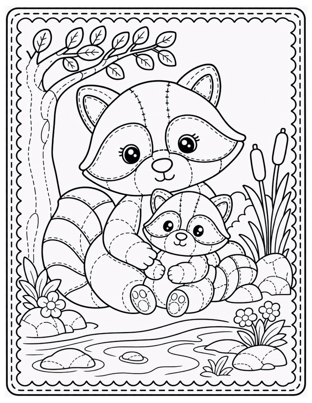Mother and Baby Raccoon Coloring Page, Riverside Kawaii Scene