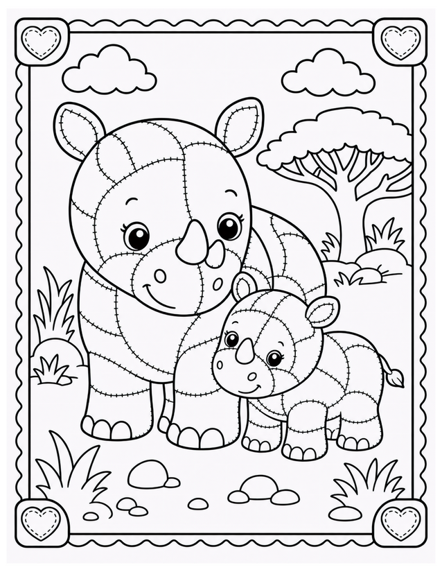 Mother and Baby Rhino Coloring Page, Patchwork Savanna Scene