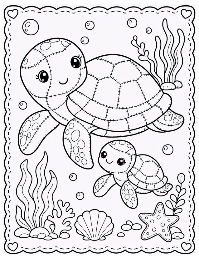 Mother and Baby Sea Turtle Coloring Page, Bubbles and Seagrass