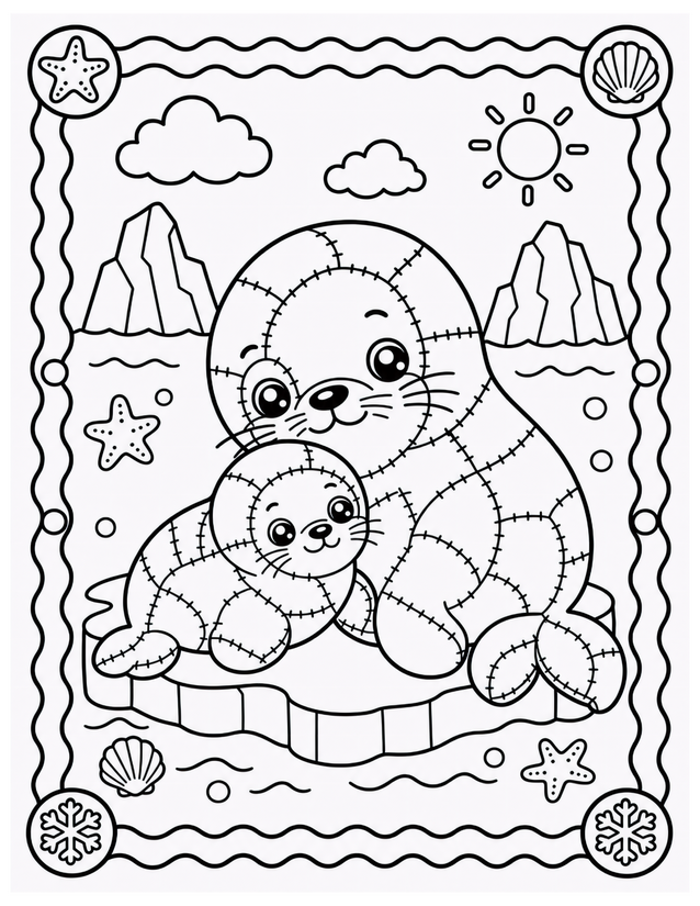 Mother and Baby Seal Coloring Page, Icebergs and Ocean Border