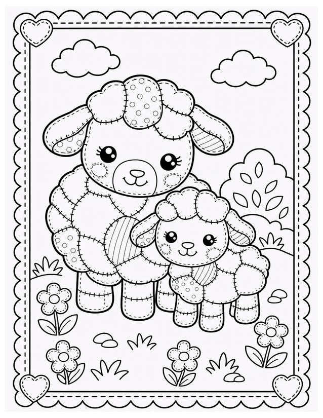 Mother and Baby Sheep Coloring Page, Patchwork Wool and Meadow Flowers