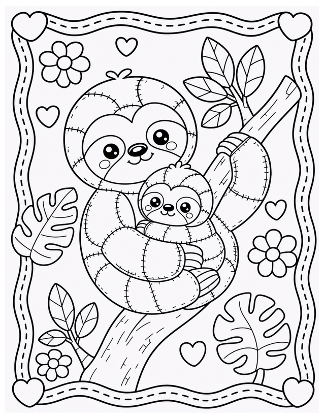Mother and Baby Sloth Coloring Page, Hanging on a Branch