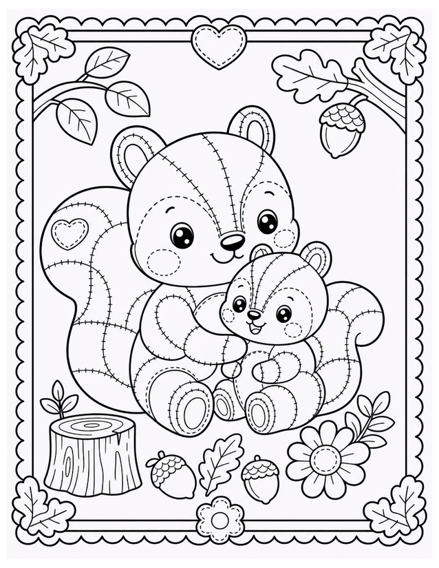 Mother and Baby Squirrel Coloring Page, Acorns and Oak Leaves