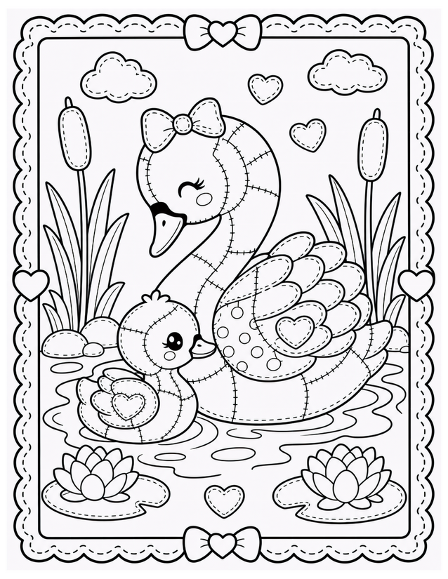 Mother and Baby Swan Coloring Page, Pond Scene with Lotus Flowers