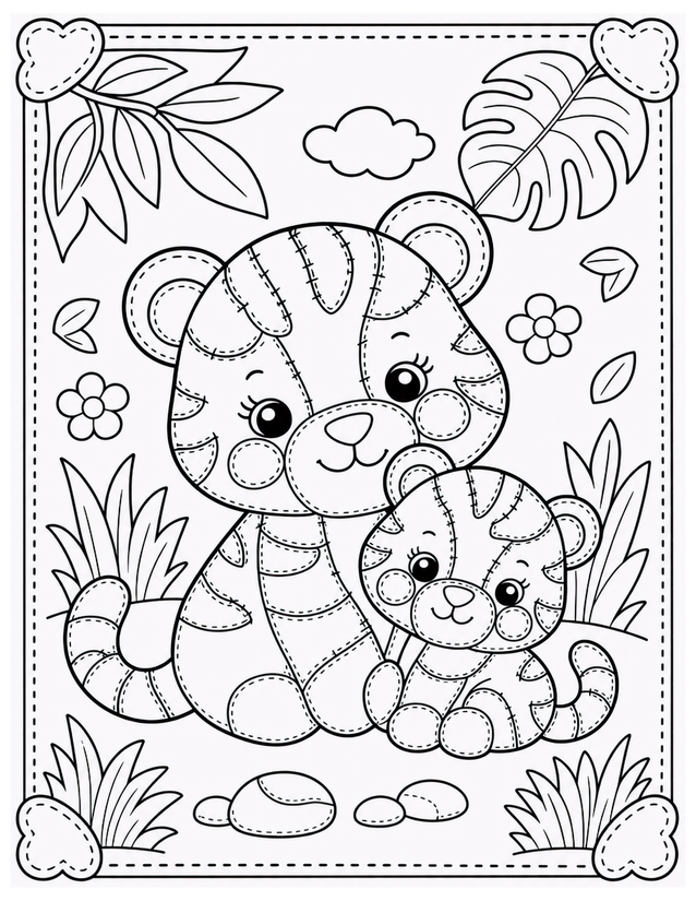 Mother and Baby Tiger Coloring Page, Patchwork Stripes and Jungle Frame
