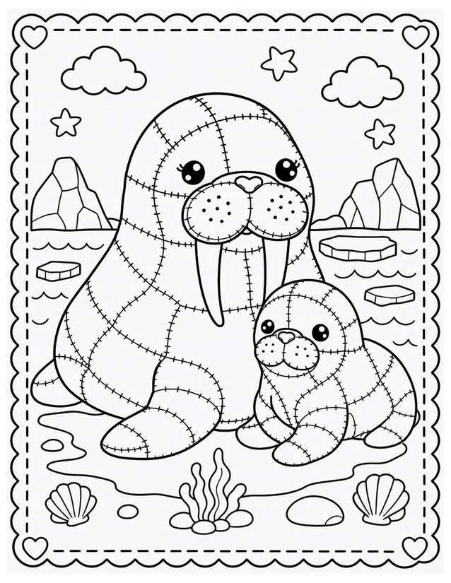 Mother and Baby Walrus Coloring Page, Icebergs and Seashells