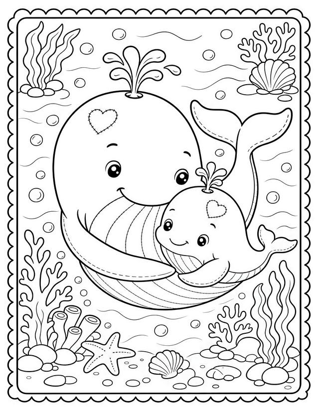 Mother and Baby Whale Coloring Page, Heart Patches and Ocean Floor