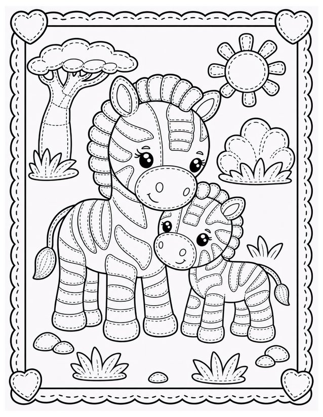 Mother and Baby Zebra Coloring Page, Savanna Scene with Heart Frame