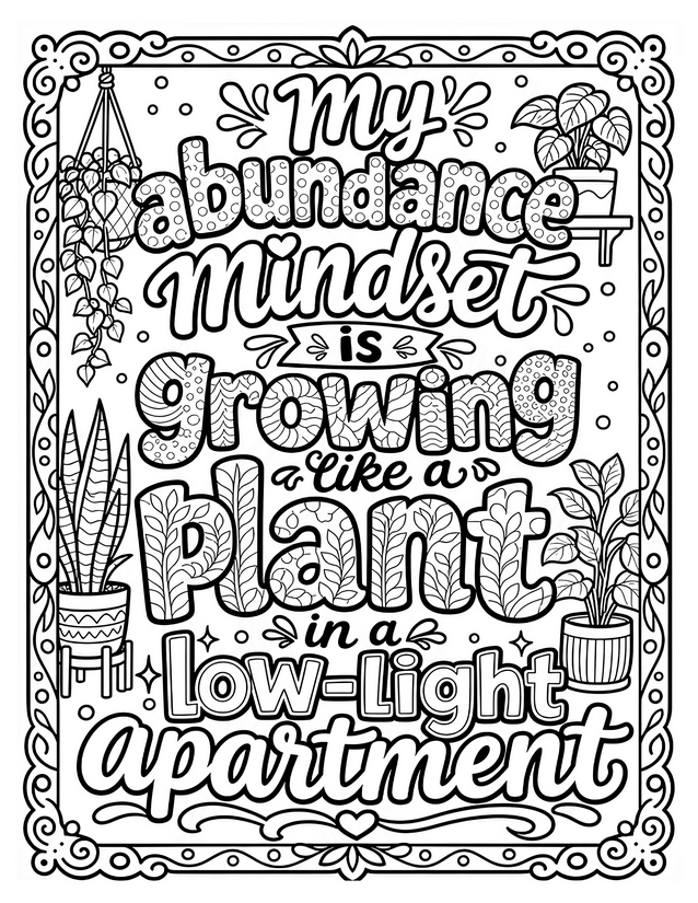 Abundance Mindset Coloring Page, Plants and Patterned Lettering