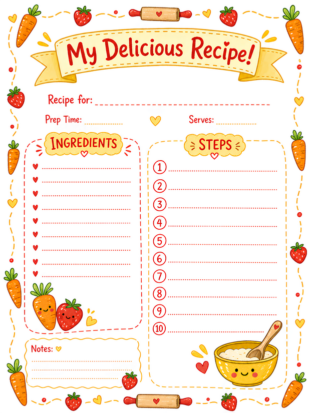 My Delicious Recipe Page for Kids, Hearts and Ten Numbered Steps