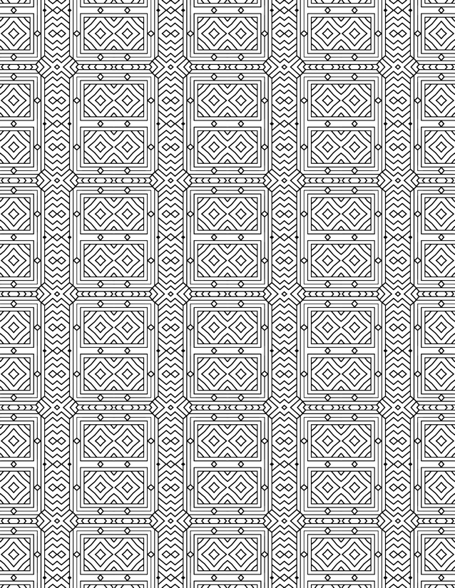 Nested Square Tile Coloring Page, Chevron Bands and Diamond Centers