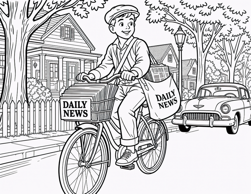 Newspaper Boy Coloring Page, Daily News Bag and Vintage Car