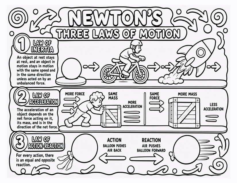 Newton’s Laws of Motion Coloring Page, All Three Laws