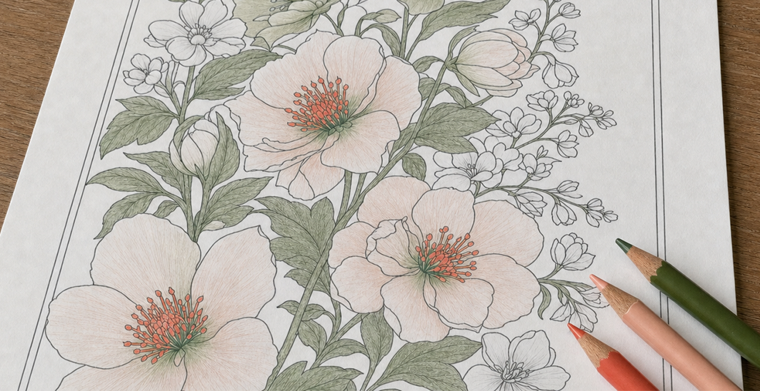 Overhead photo of a partially colored botanical coloring page