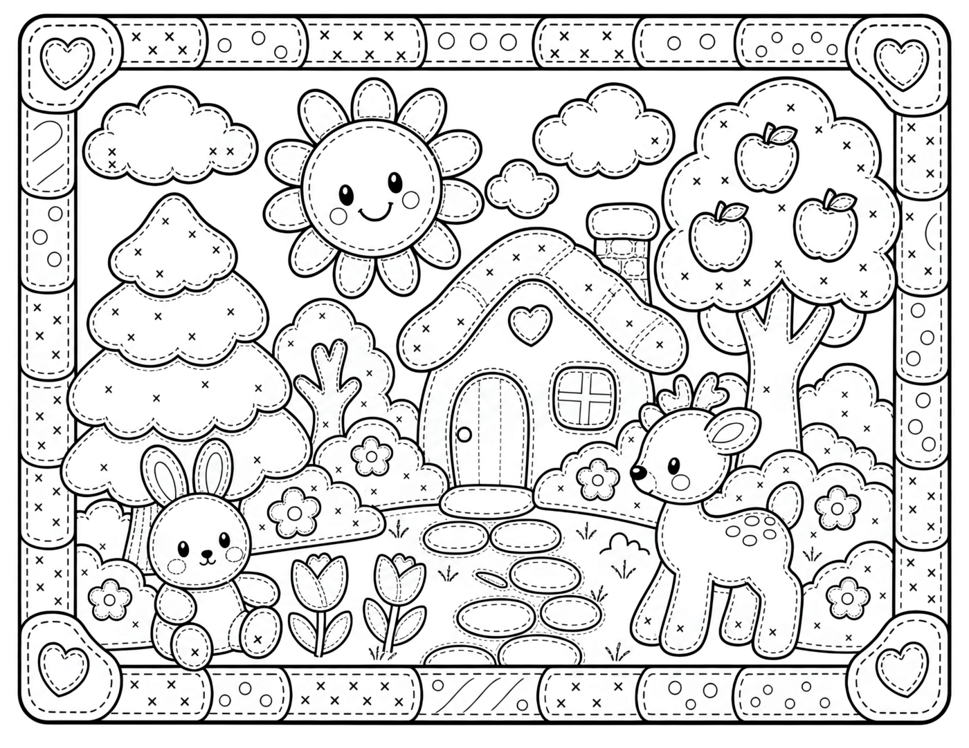 Patchwork Animal Cottage Coloring Page, Deer and Bunny