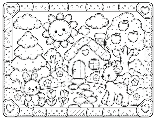 Patchwork Animal Cottage Coloring Page, Deer and Bunny