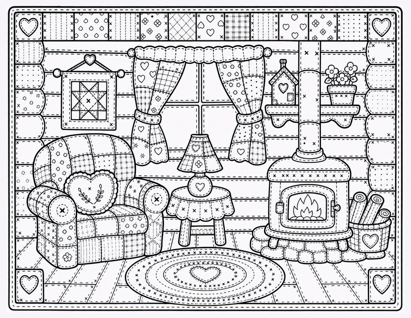 Patchwork Armchair Coloring Page, Wood Stove and Heart Rug