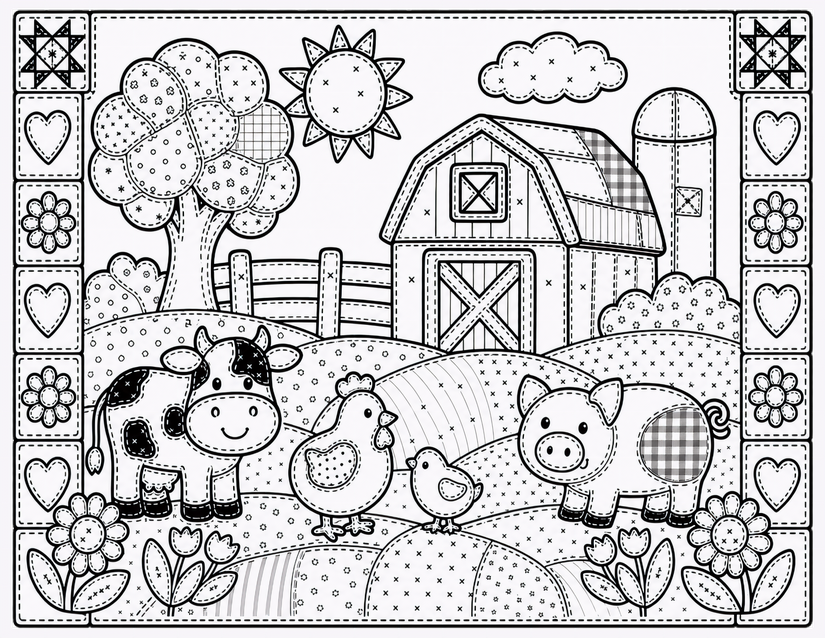 Patchwork Barn Coloring Page, Cow, Hen, Chick, and Pig
