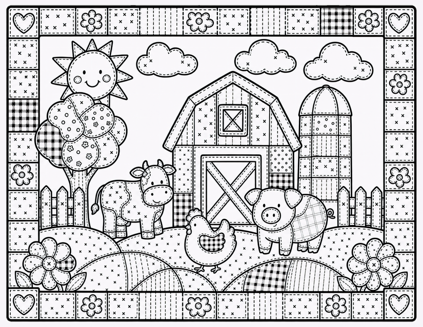Patchwork Barn Coloring Page, Cow, Pig, and Hen
