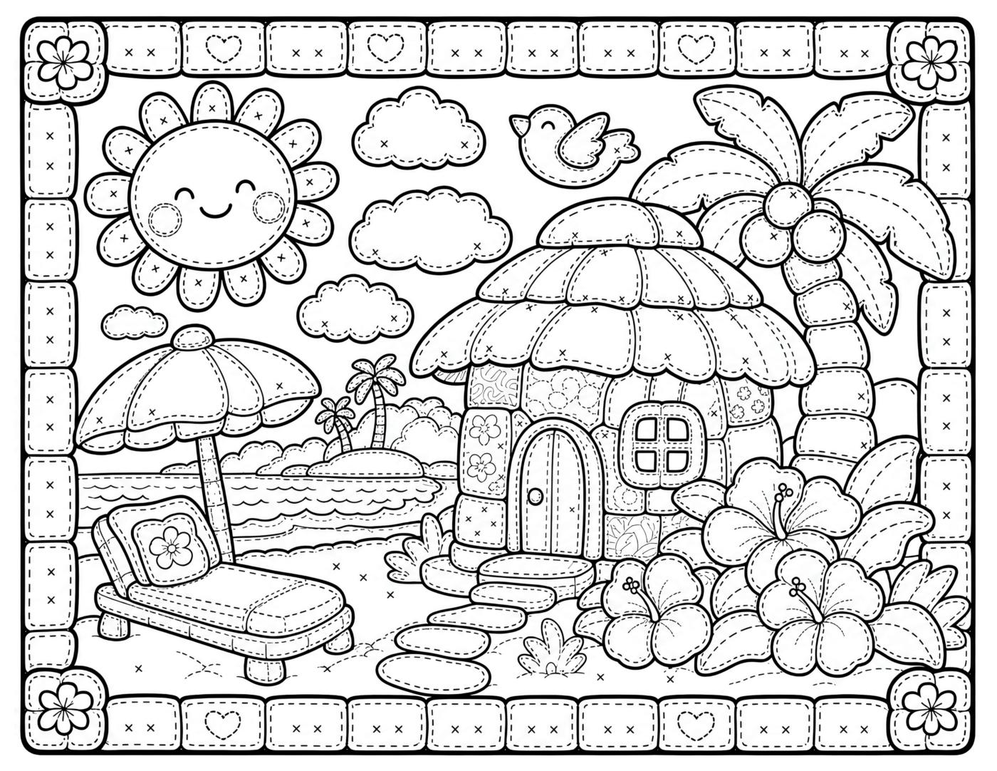 Patchwork Beach Hut Coloring Page, Smiling Sun and Hibiscus