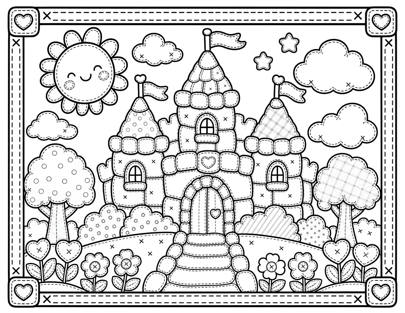 Patchwork Castle Coloring Page, Smiling Sun and Three Flag Towers