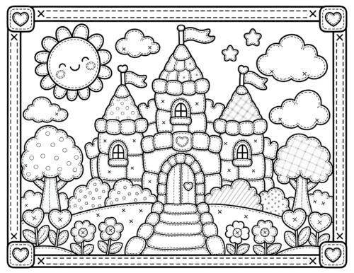 Patchwork Castle Coloring Page, Smiling Sun and Three Flag Towers