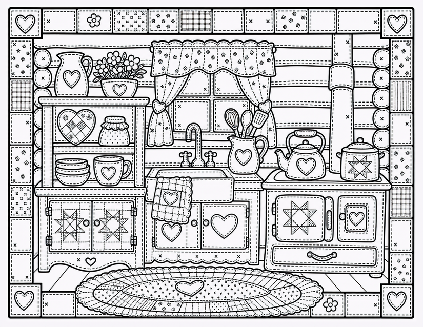 Patchwork Cat Porch Coloring Page, Rocking Chair and Star Door