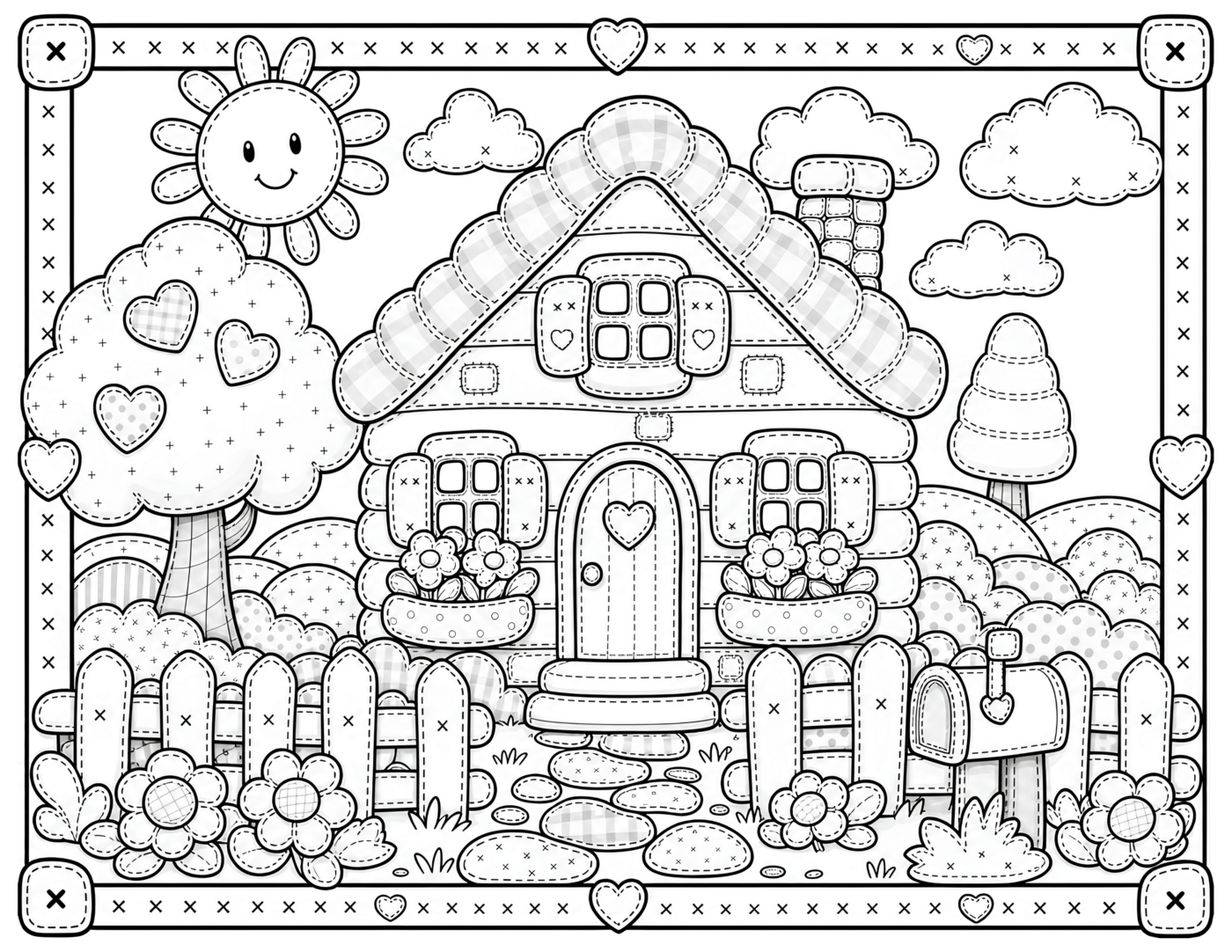 Patchwork Cottage Coloring Page, Heart Door and Gingham Roof