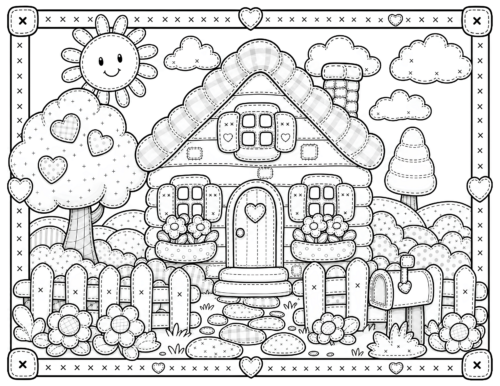 Patchwork Cottage Coloring Page, Heart Door and Gingham Roof