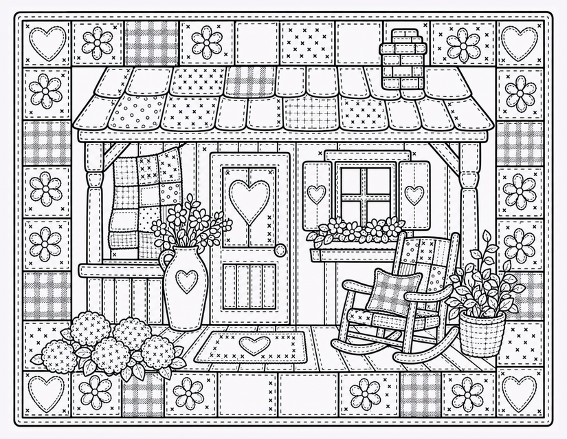 Patchwork Cottage Porch Coloring Page, Rocking Chair and Heart Door