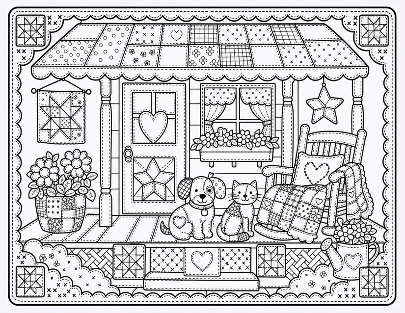 Patchwork Farmhouse Porch Coloring Page, Dog and Cat by the Door