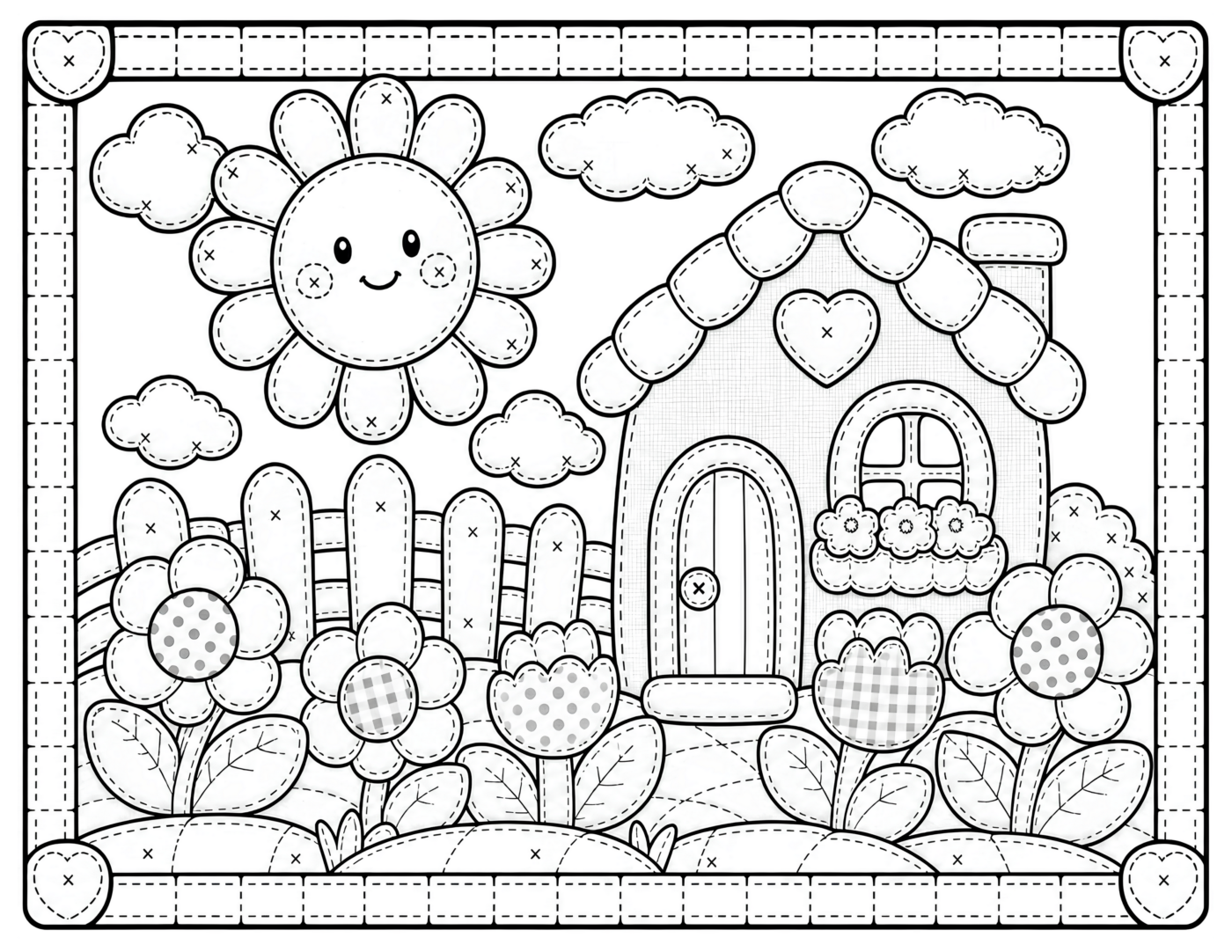 Patchwork Flower House Coloring Page, Smiling Sun and Garden Blooms