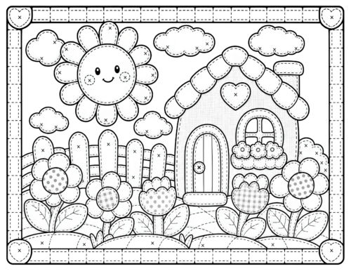 Patchwork Flower House Coloring Page, Smiling Sun and Garden Blooms