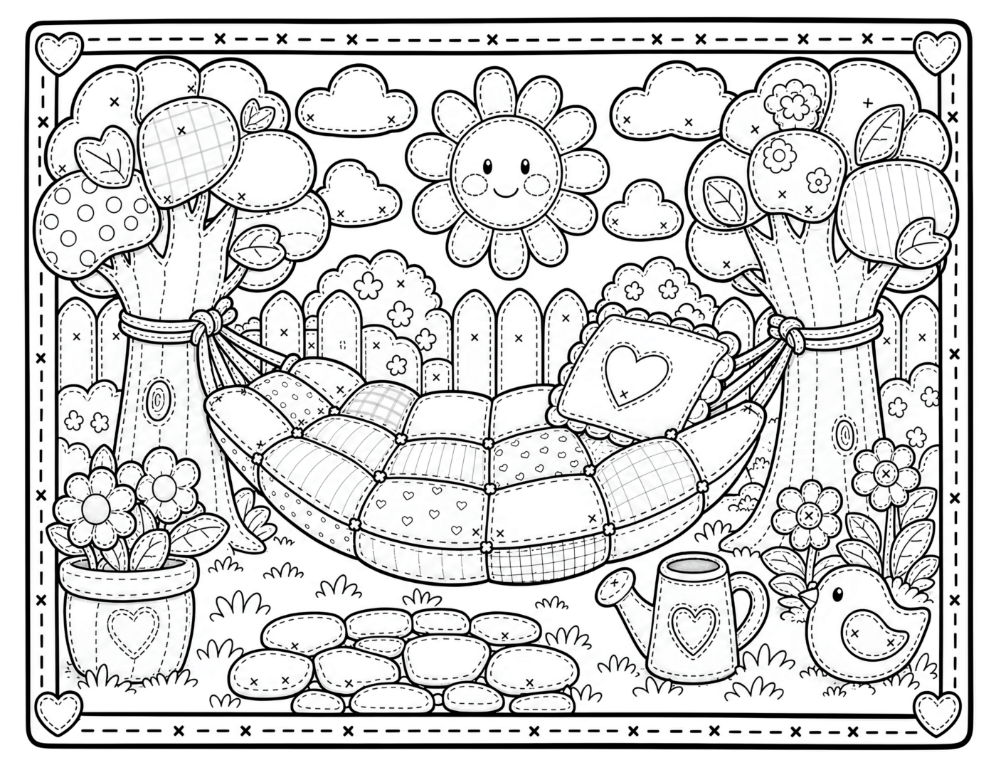 Patchwork Garden Hammock Coloring Page, Smiling Sun and Bird