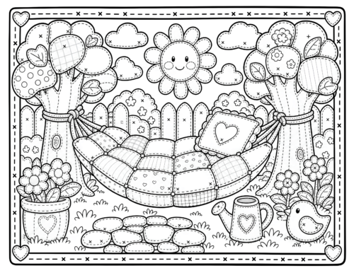 Patchwork Garden Hammock Coloring Page, Smiling Sun and Bird