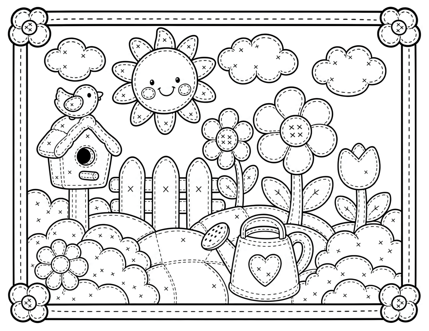 Patchwork Garden Scene Coloring Page, Birdhouse and Heart Watering Can