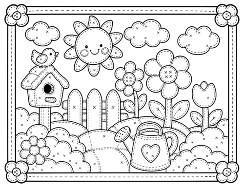 Patchwork Garden Scene Coloring Page, Birdhouse and Heart Watering Can