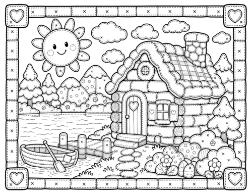 Patchwork Lakeside Cottage Coloring Page, Rowboat and Smiling Sun