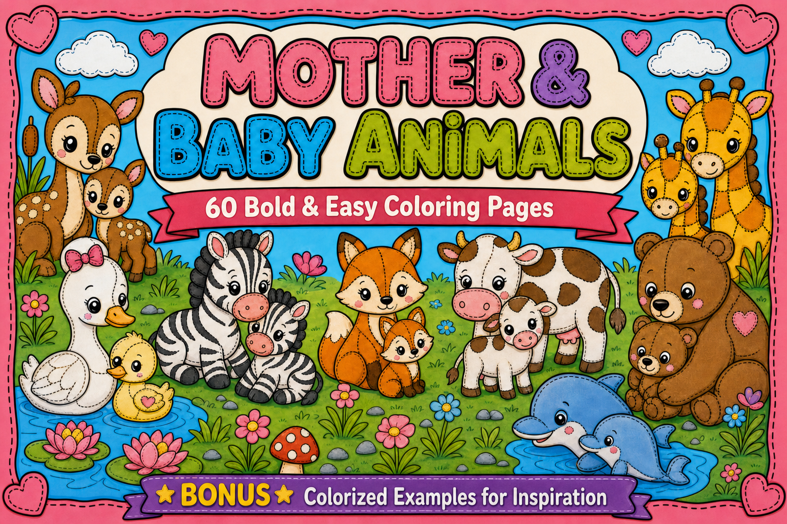 Cover art for mother and baby animals coloring pages showing 60 bold designs with a fox, zebra, giraffe, cow, bear, duck, swan, deer, and dolphin, each paired with their baby.