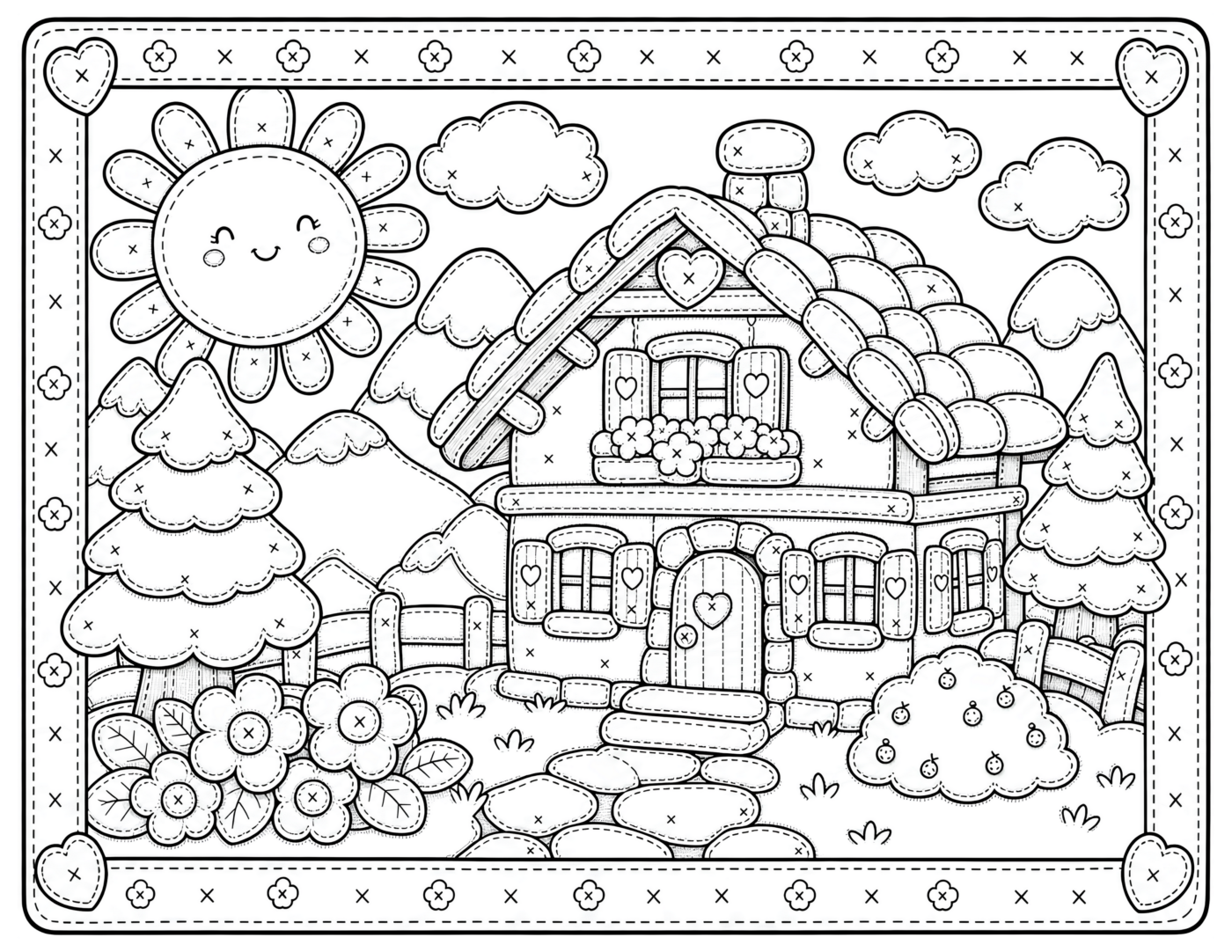 Patchwork Sunny Cottage Coloring Page, Heart Door and Smiley Sun