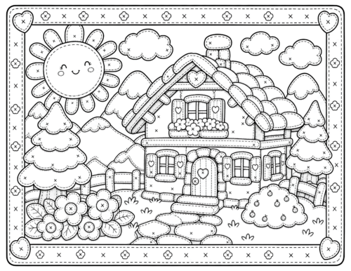 Patchwork Sunny Cottage Coloring Page, Heart Door and Smiley Sun