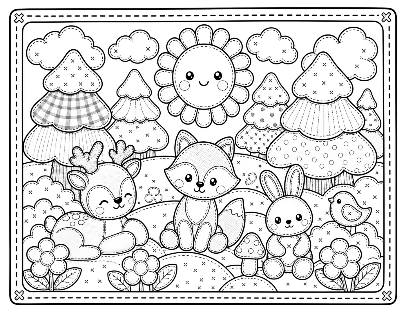 Patchwork Woodland Animals Coloring Page, Fox, Deer, Bunny and Bird