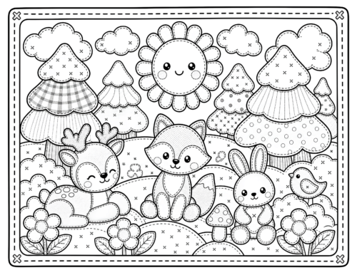 Patchwork Woodland Animals Coloring Page, Fox, Deer, Bunny and Bird