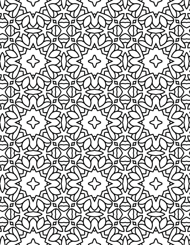 Petal Star Mosaic Coloring Page, Four-Point Centers and Leaf Rings