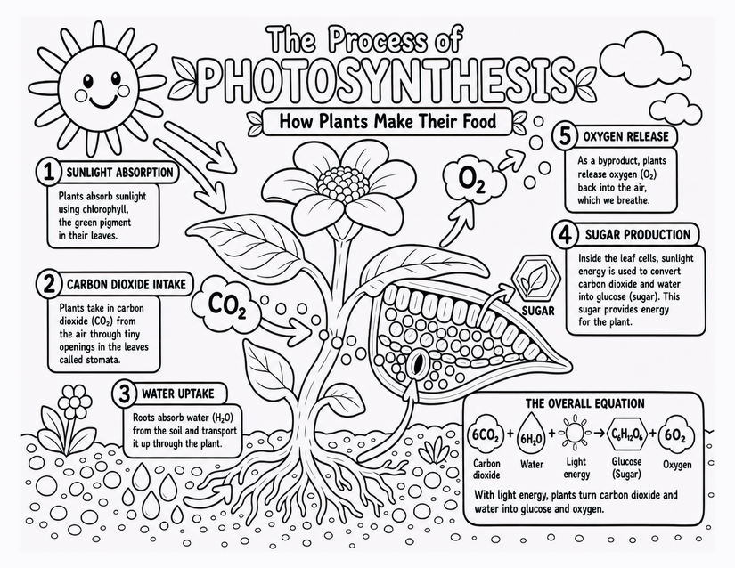Photosynthesis Coloring Page, Five-Step Plant Diagram