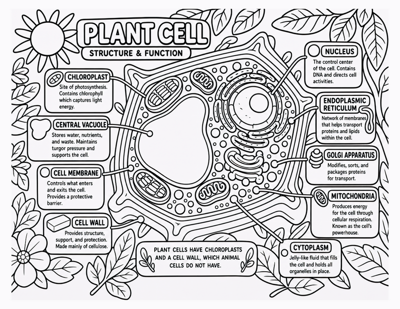 Plant Cell Coloring Page, Nine Labeled Organelles