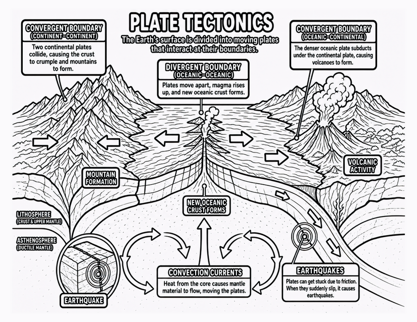 Plate Tectonics Coloring Page, Boundaries, Volcanoes, and Convection